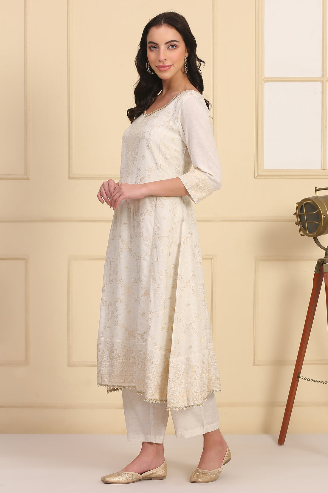 Off White Bead Embellished Flared Kurta, Palazzo and Dupatta Set