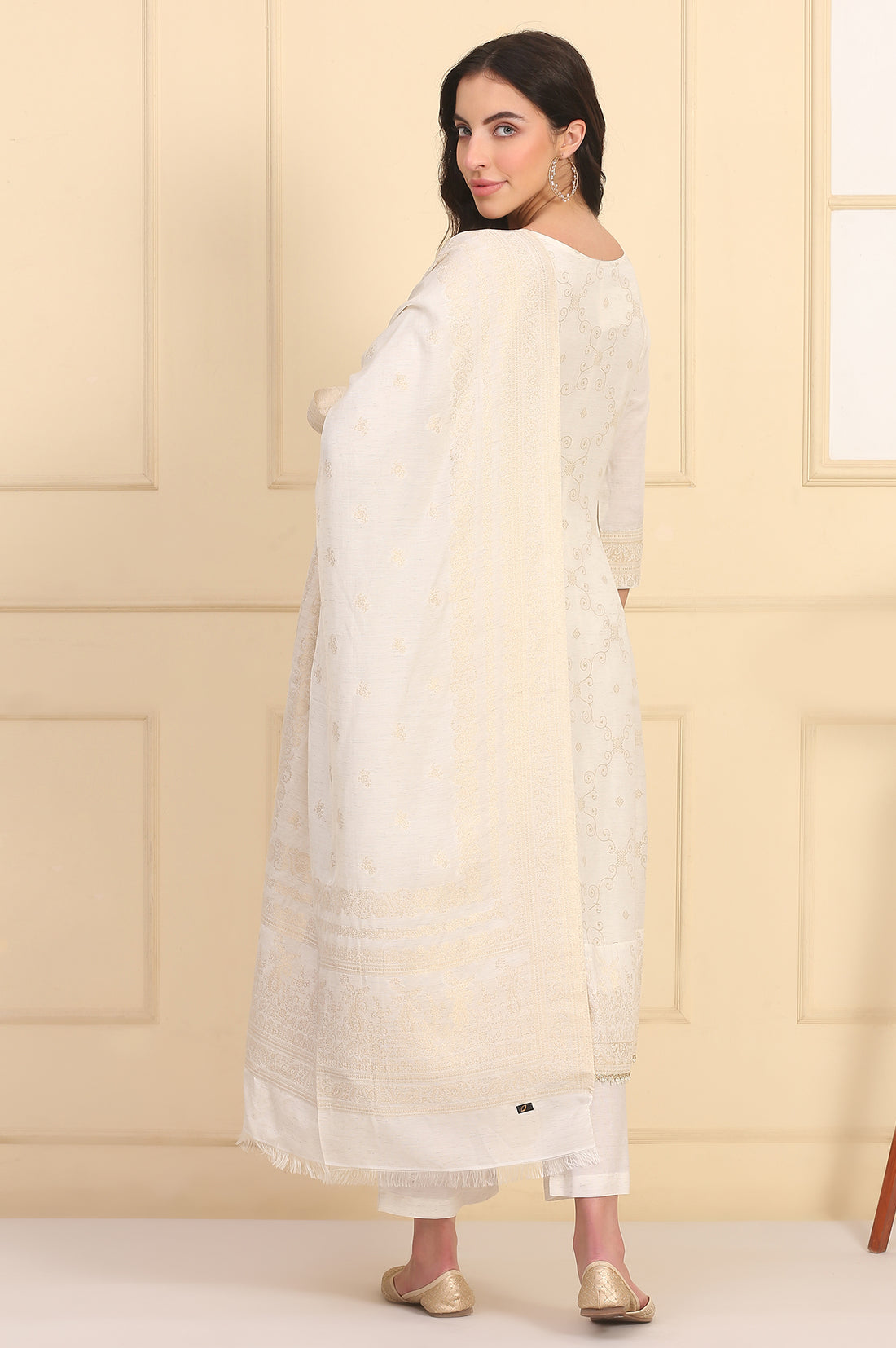 Off White Bead Embellished Flared Kurta, Palazzo and Dupatta Set