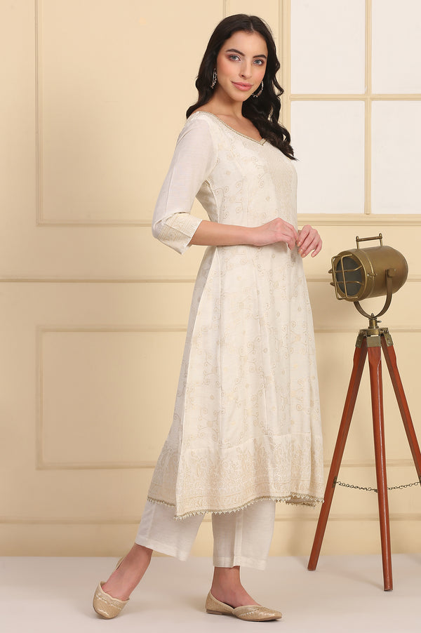 Off White Bead Embellished Flared Kurta, Palazzo and Dupatta Set