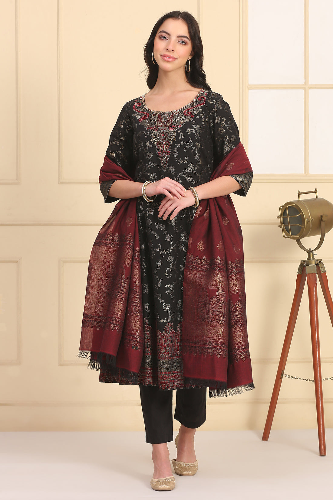 Black Solid Bead Embellished Flared Festive Kurta, Trousers and Dupatta Set