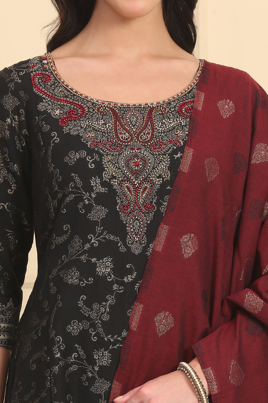 Black Solid Bead Embellished Flared Festive Kurta, Trousers and Dupatta Set