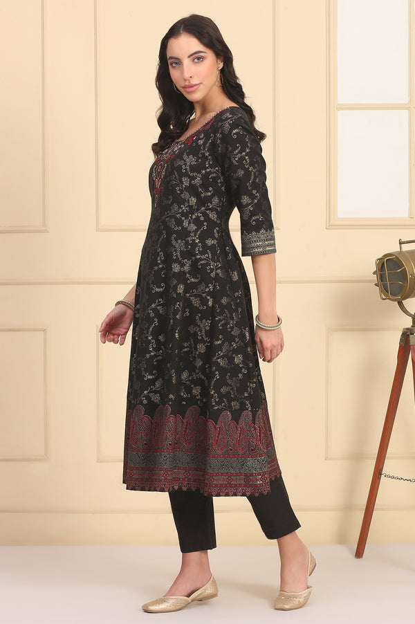 Black Solid Bead Embellished Flared Festive Kurta, Trousers and Dupatta Set