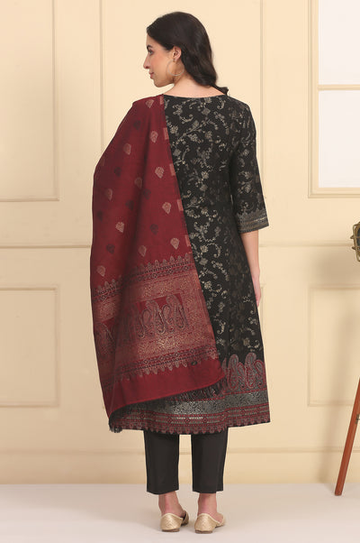 Black Solid Bead Embellished Flared Festive Kurta, Trousers and Dupatta Set