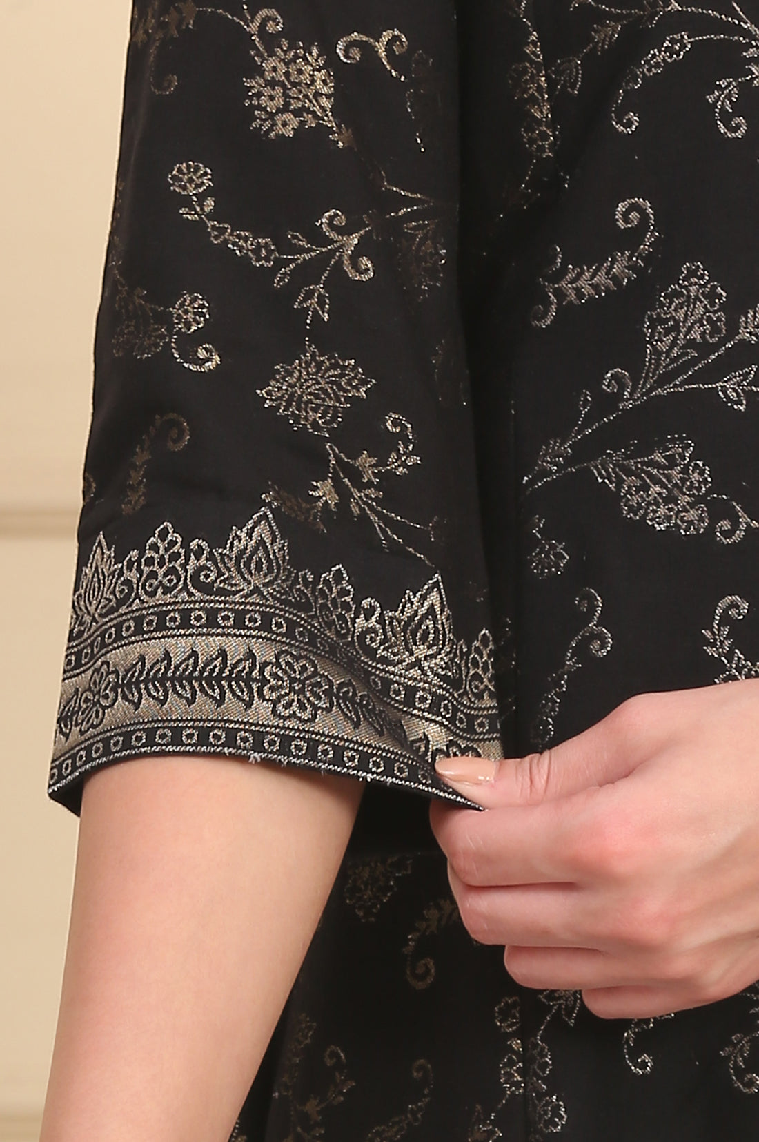 Black Solid Bead Embellished Flared Festive Kurta, Trousers and Dupatta Set