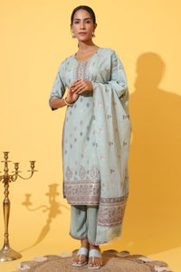 Aqua Green Jacquard Embroidered Straight Kurta, Palazzo and Dupatta Set