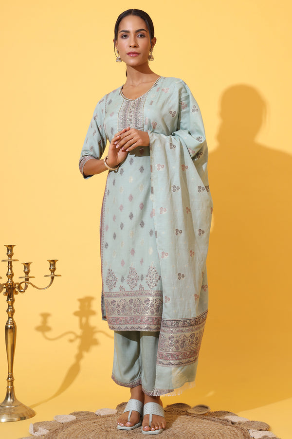 Aqua Green Jacquard Embroidered Straight Kurta, Palazzo and Dupatta Set