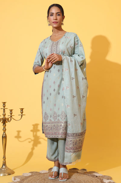 Aqua Green Jacquard Embroidered Straight Kurta, Palazzo and Dupatta Set