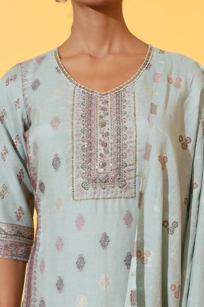 Aqua Green Jacquard Embroidered Straight Kurta, Palazzo and Dupatta Set