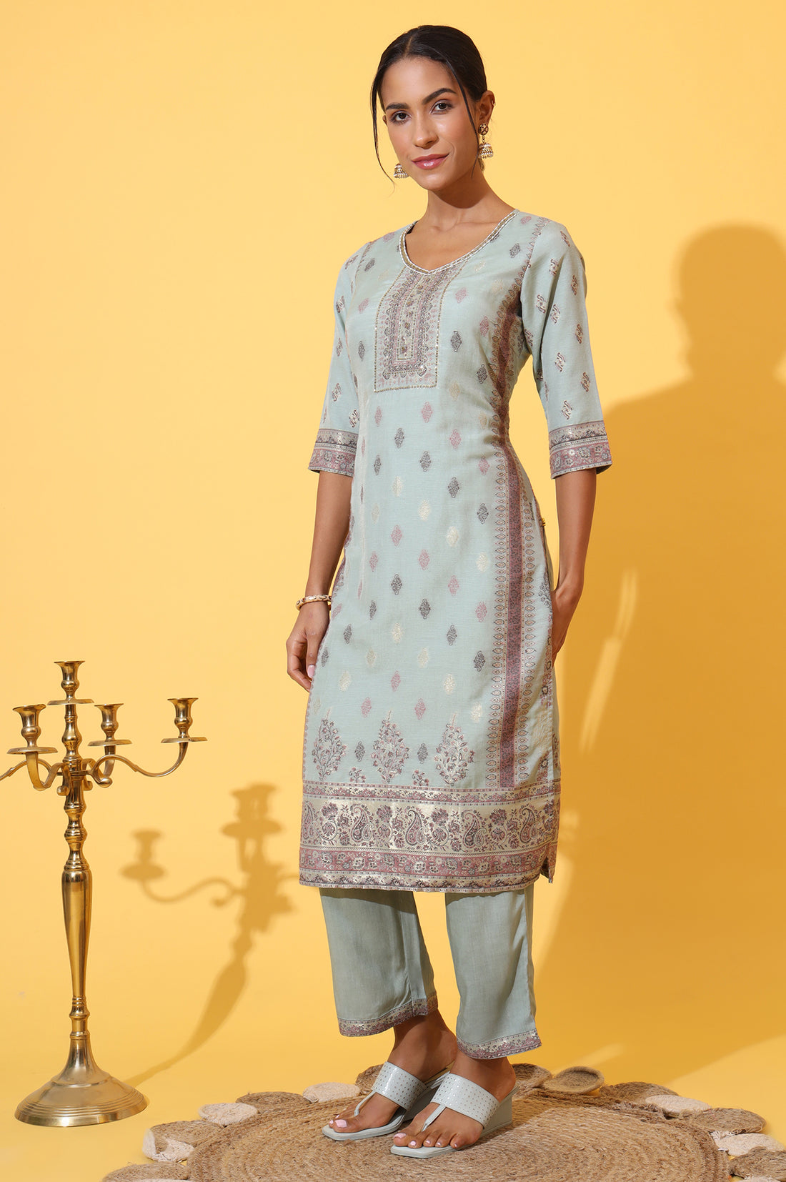Aqua Green Jacquard Embroidered Straight Kurta, Palazzo and Dupatta Set