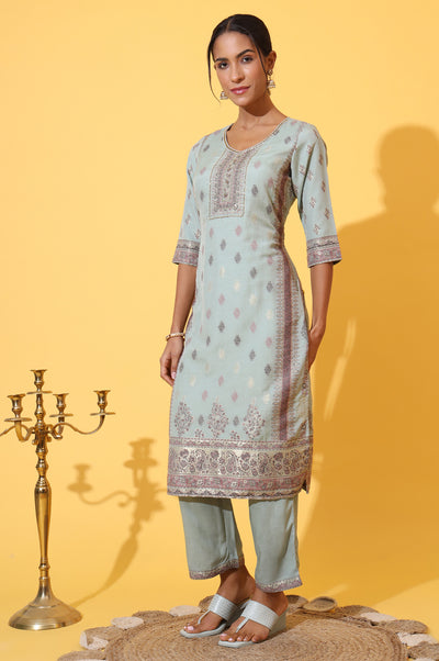 Aqua Green Jacquard Embroidered Straight Kurta, Palazzo and Dupatta Set