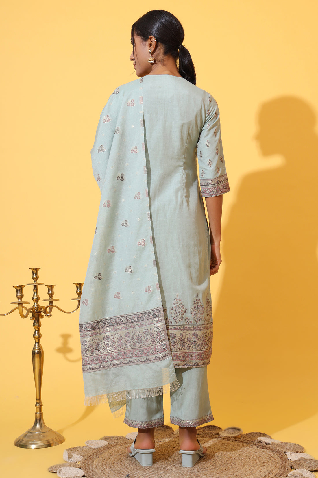 Aqua Green Jacquard Embroidered Straight Kurta, Palazzo and Dupatta Set