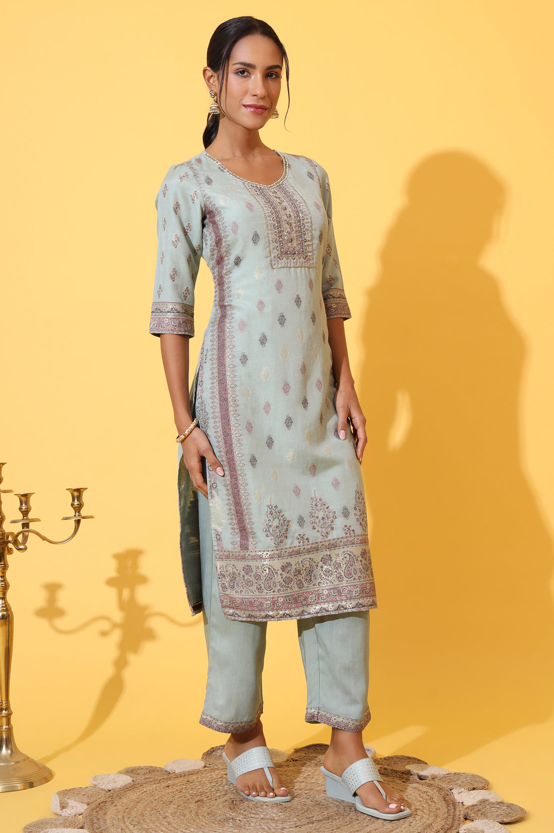Aqua Green Jacquard Embroidered Straight Kurta, Palazzo and Dupatta Set