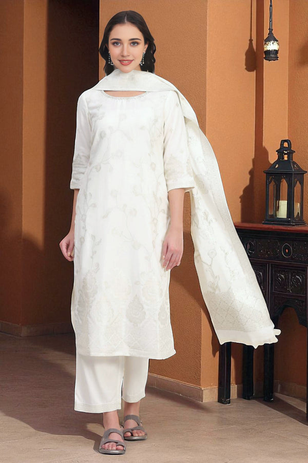 White Solid Bead Embellished Straight Cotton Blend Kurta, Palazzos and Dupatta Set