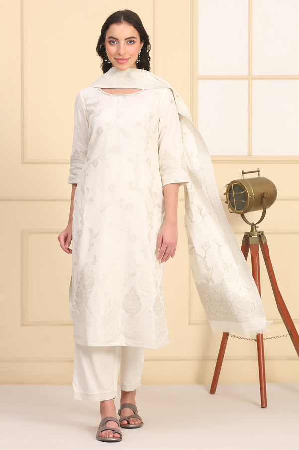 White Solid Bead Embellished Straight Cotton Blend Kurta, Palazzos and Dupatta Set