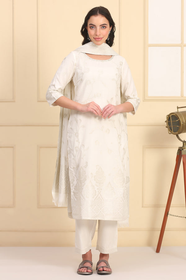 White Solid Bead Embellished Straight Cotton Blend Kurta, Palazzos and Dupatta Set