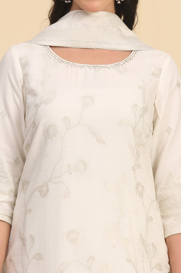 White Solid Bead Embellished Straight Cotton Blend Kurta, Palazzos and Dupatta Set