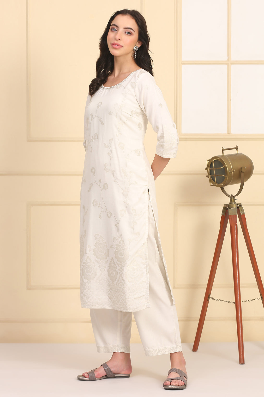 White Solid Bead Embellished Straight Cotton Blend Kurta, Palazzos and Dupatta Set