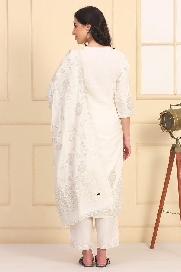 White Solid Bead Embellished Straight Cotton Blend Kurta, Palazzos and Dupatta Set
