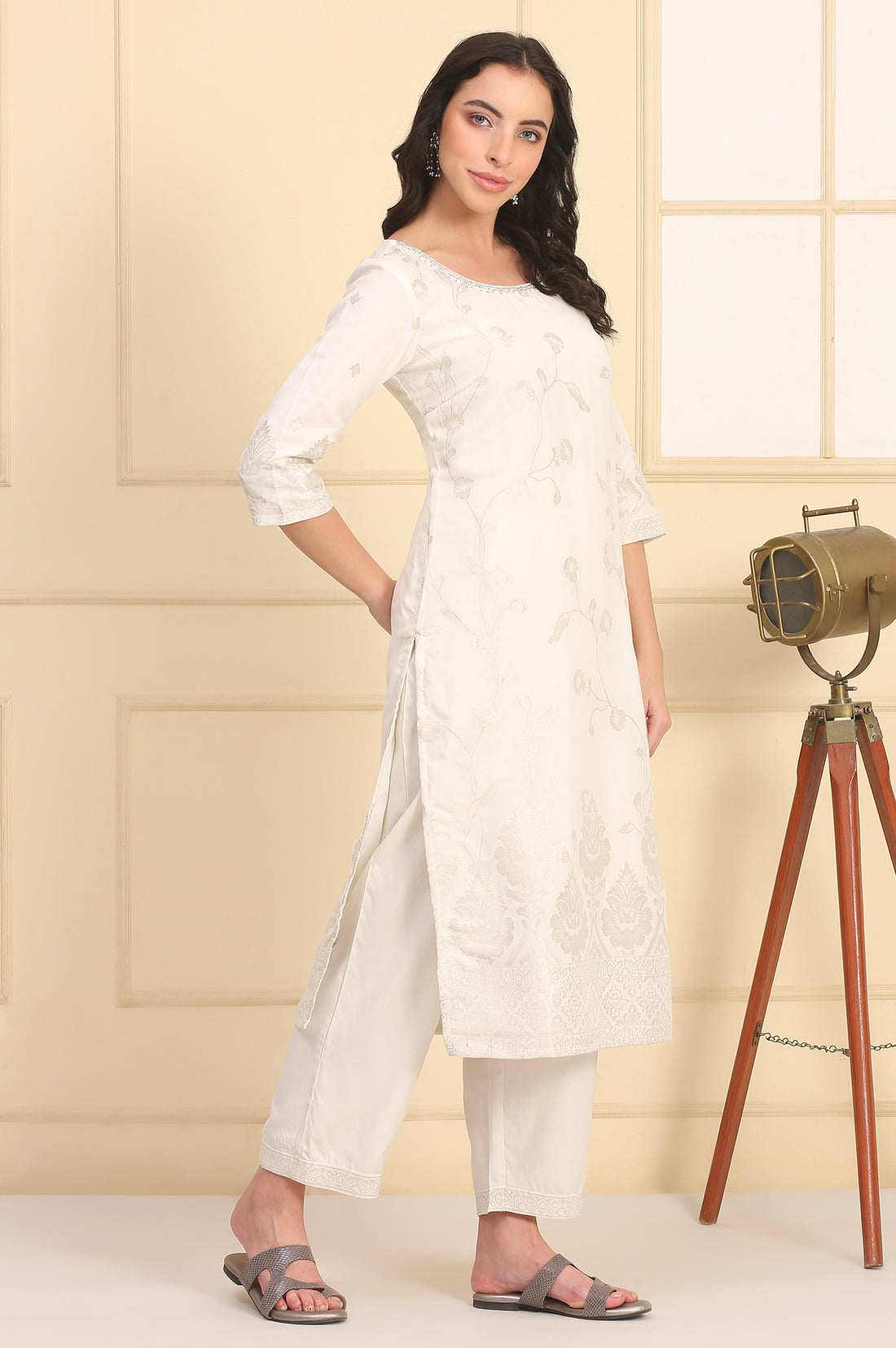 White Solid Bead Embellished Straight Cotton Blend Kurta, Palazzos and Dupatta Set