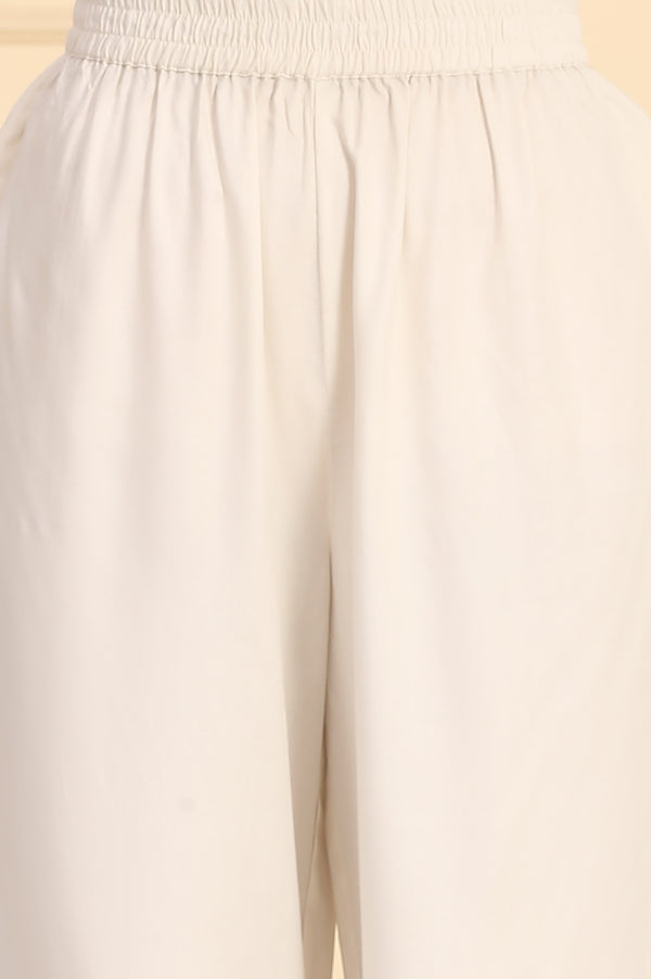 White Solid Bead Embellished Straight Cotton Blend Kurta, Palazzos and Dupatta Set