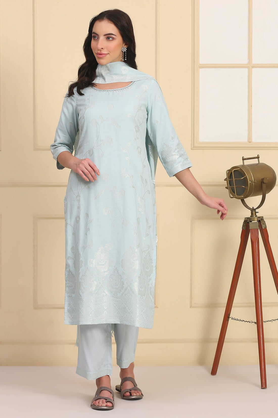 Sky Blue Solid Bead Embellished Straight Cotton Blend Kurta, Palazzos and Dupatta Set
