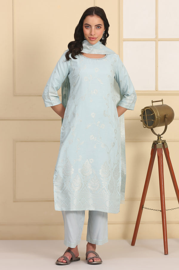Sky Blue Solid Bead Embellished Straight Cotton Blend Kurta, Palazzos and Dupatta Set