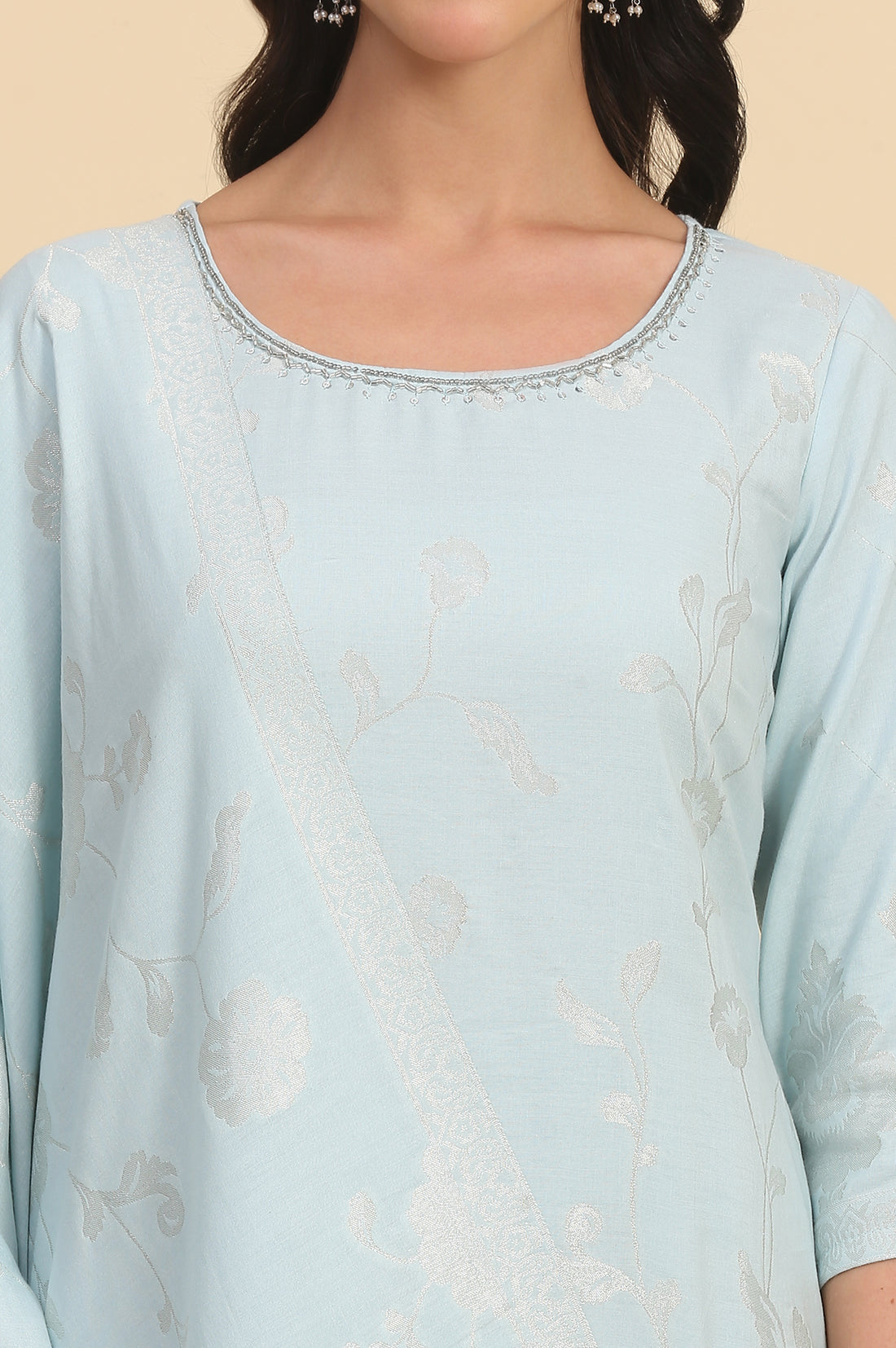Sky Blue Solid Bead Embellished Straight Cotton Blend Kurta, Palazzos and Dupatta Set