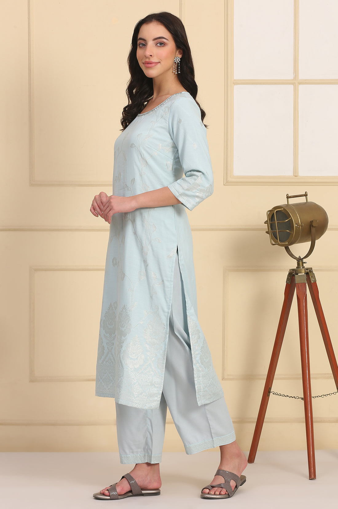 Sky Blue Solid Bead Embellished Straight Cotton Blend Kurta, Palazzos and Dupatta Set