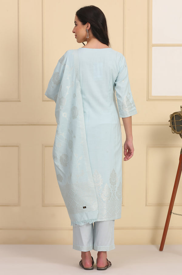 Sky Blue Solid Bead Embellished Straight Cotton Blend Kurta, Palazzos and Dupatta Set
