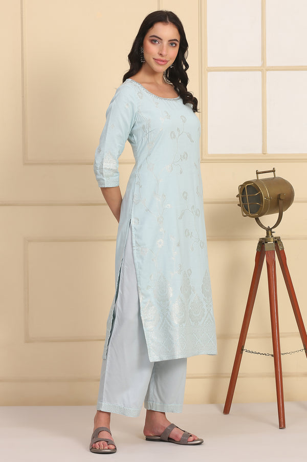 Sky Blue Solid Bead Embellished Straight Cotton Blend Kurta, Palazzos and Dupatta Set