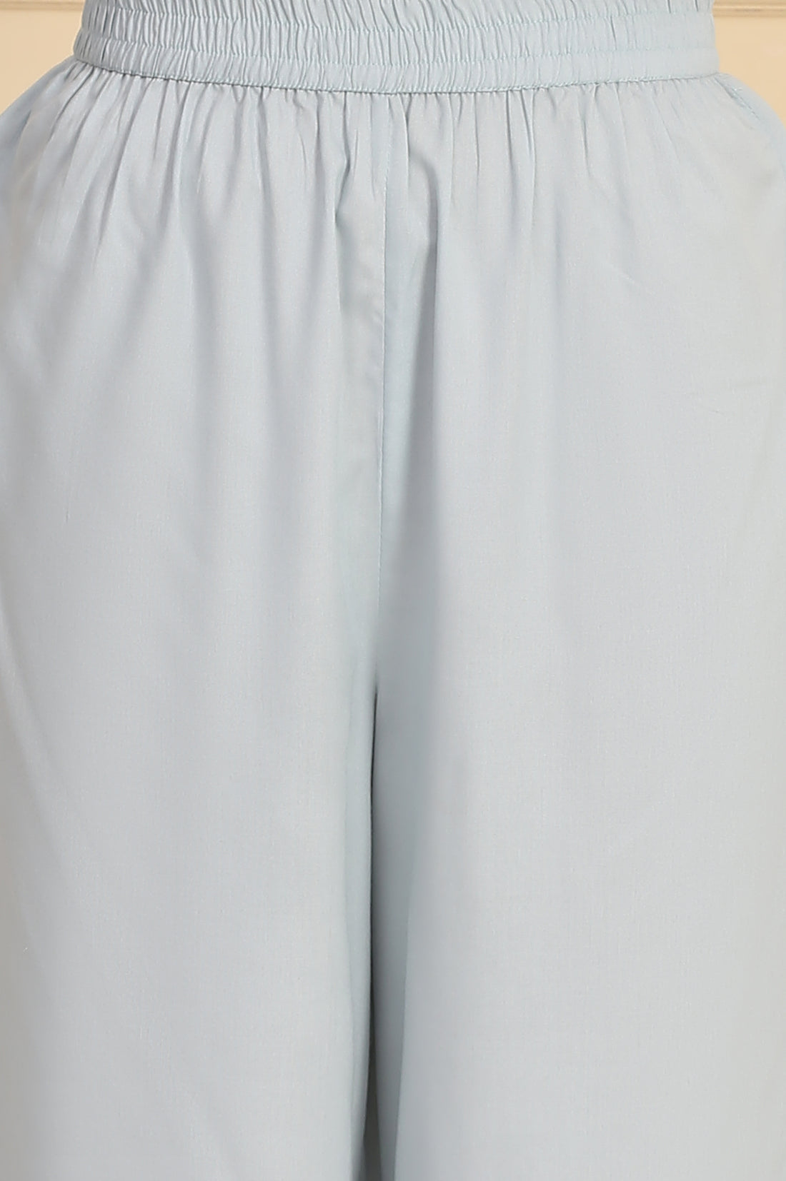 Sky Blue Solid Bead Embellished Straight Cotton Blend Kurta, Palazzos and Dupatta Set