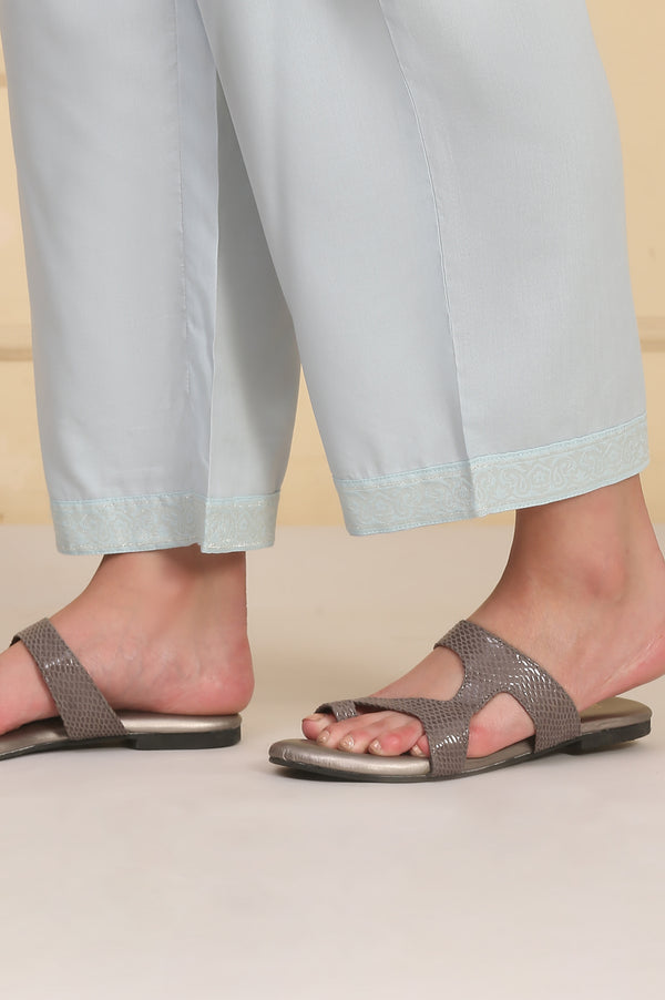 Sky Blue Solid Bead Embellished Straight Cotton Blend Kurta, Palazzos and Dupatta Set