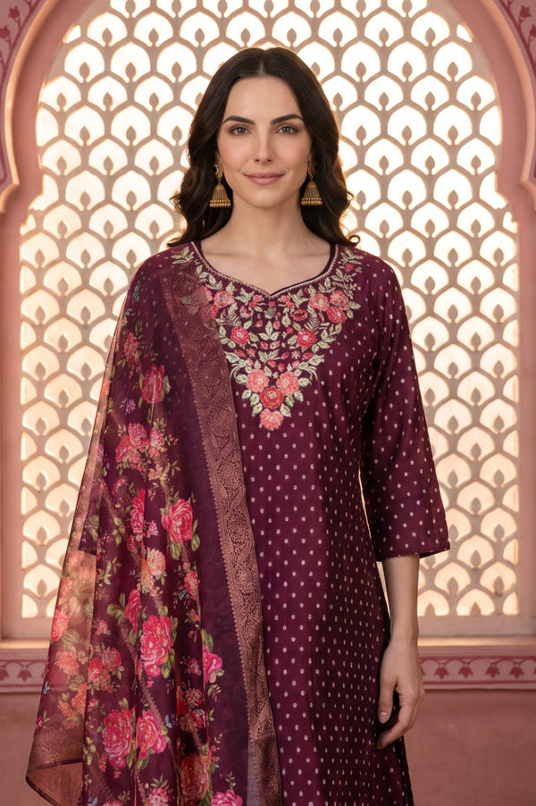Maroon Floral Printed Zari Jacquard Dupatta