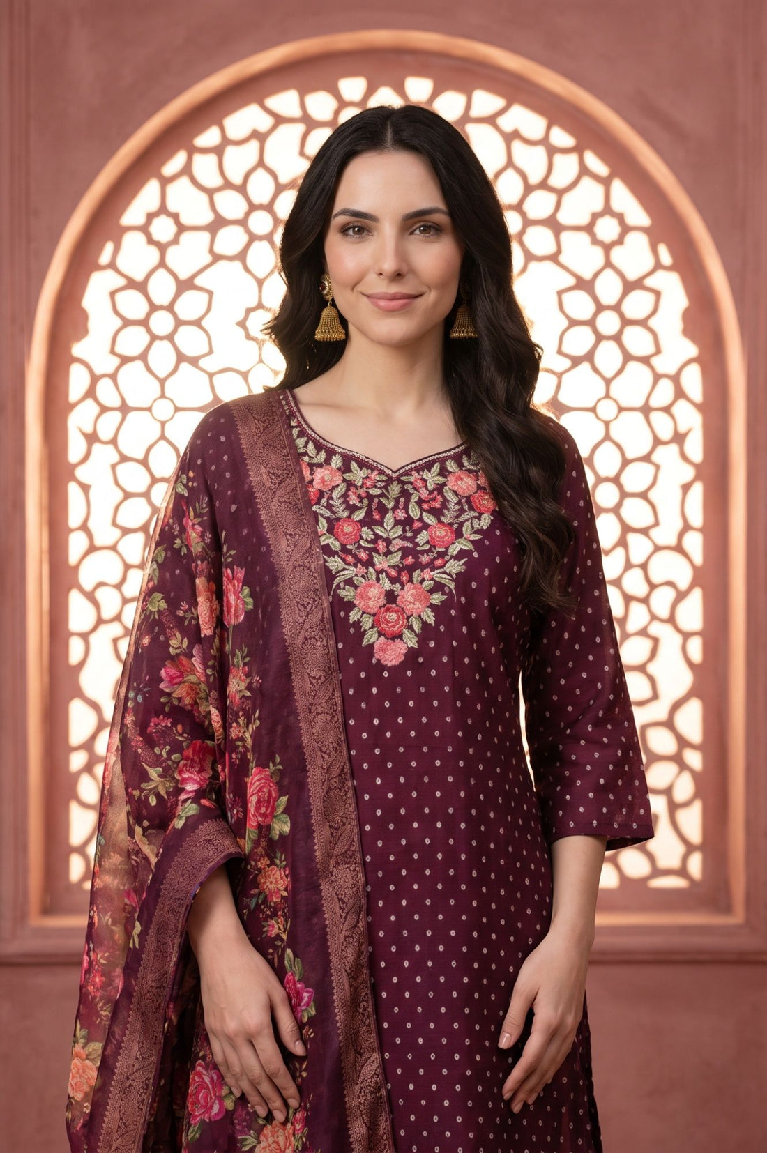 Maroon Floral Printed Zari Jacquard Dupatta