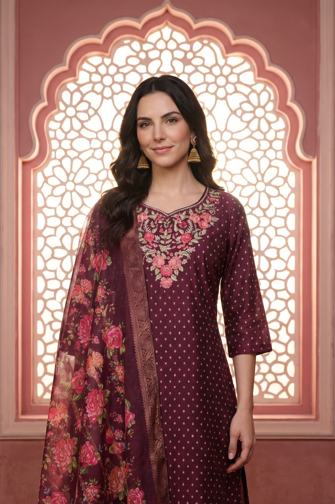 Maroon Floral Printed Zari Jacquard Dupatta