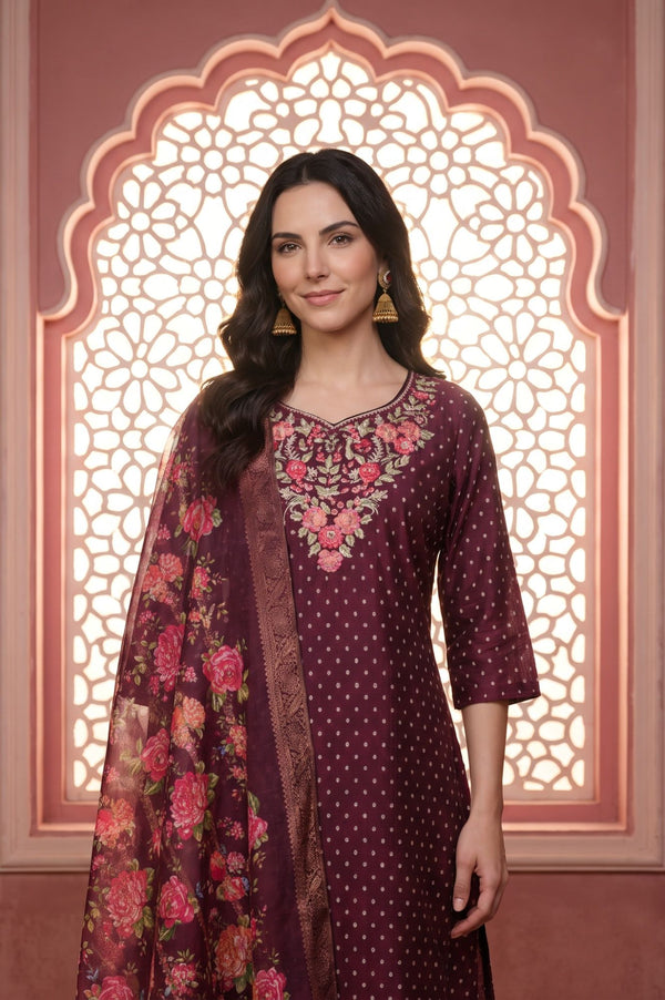 Maroon Floral Printed Zari Jacquard Dupatta
