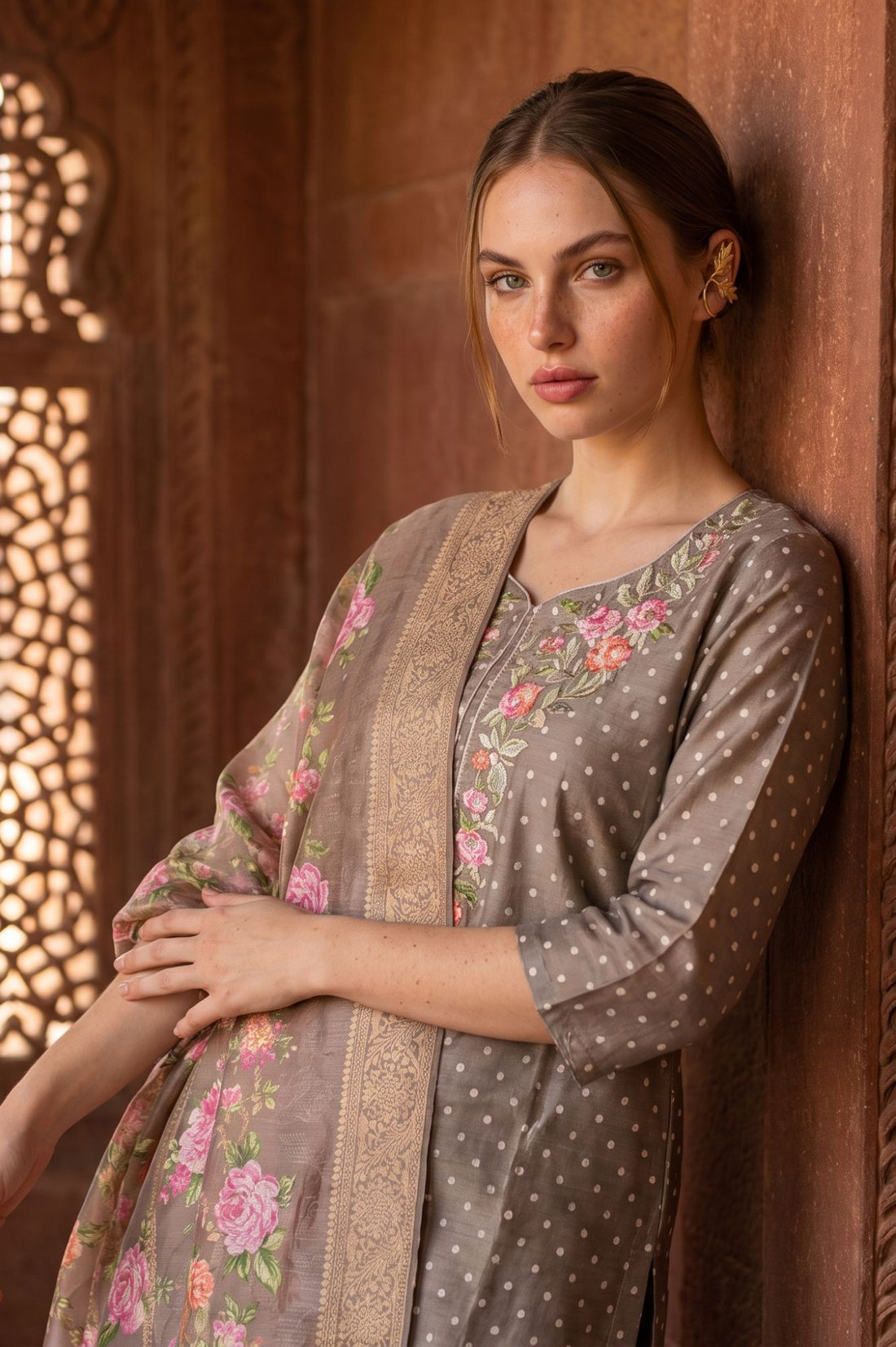 Taupe Zari Floral Printed Jacquard Dupatta