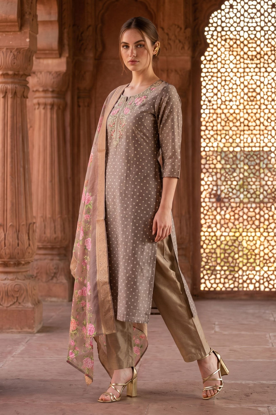 Taupe Zari Floral Printed Jacquard Dupatta