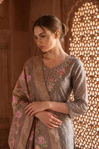 Taupe Zari Floral Printed Jacquard Dupatta