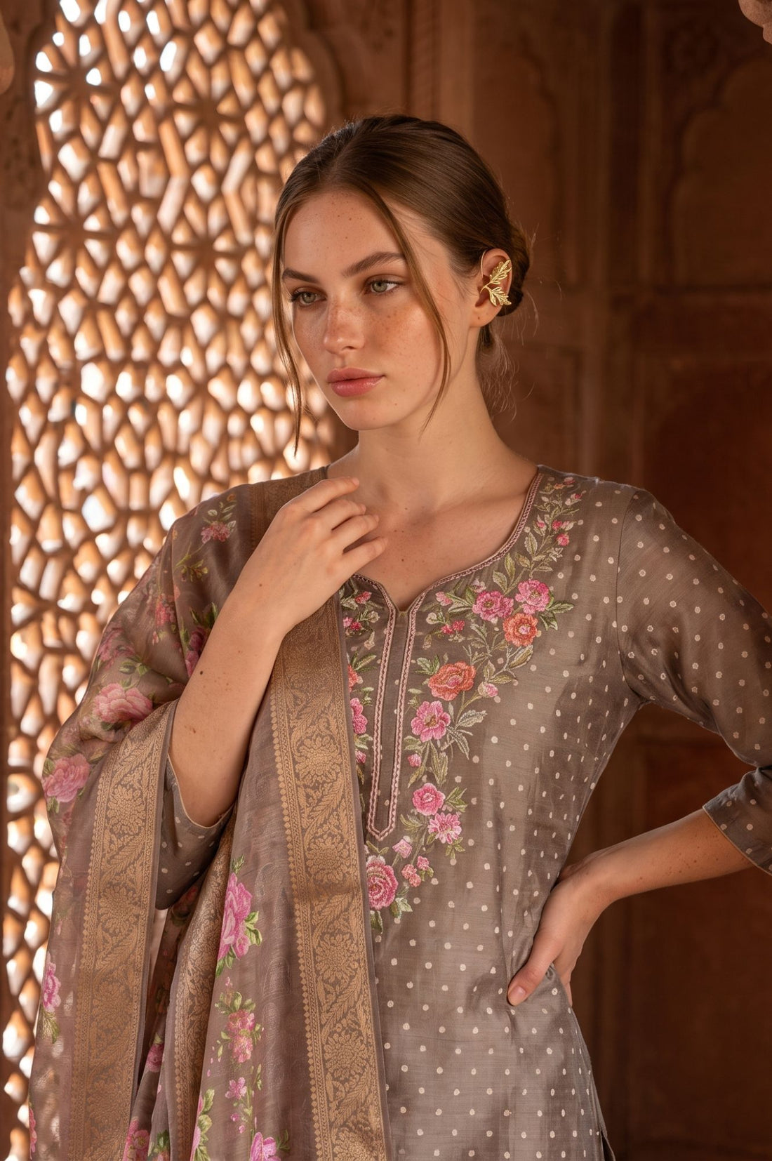 Taupe Zari Floral Printed Jacquard Dupatta