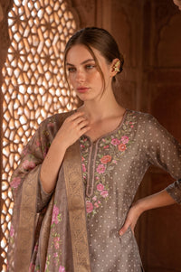 Taupe Zari Floral Printed Jacquard Dupatta
