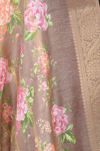 Taupe Zari Floral Printed Jacquard Dupatta
