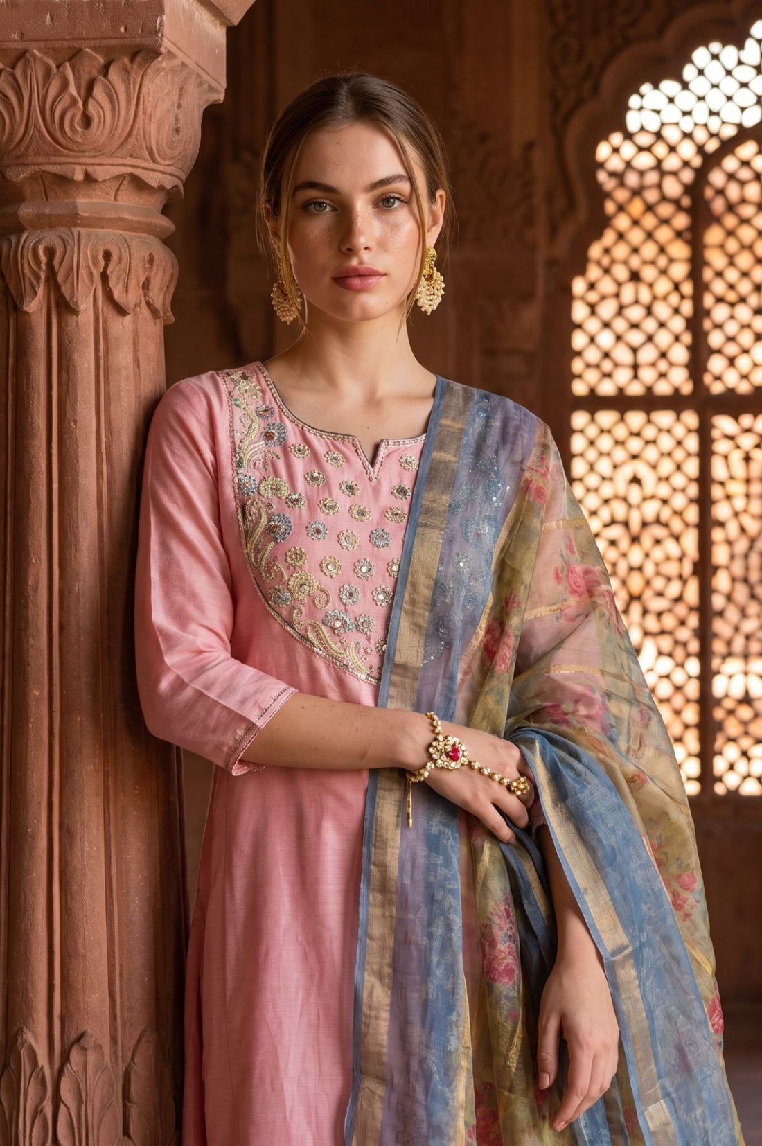 Olive Floral Printed Zari Jacquard Dupatta