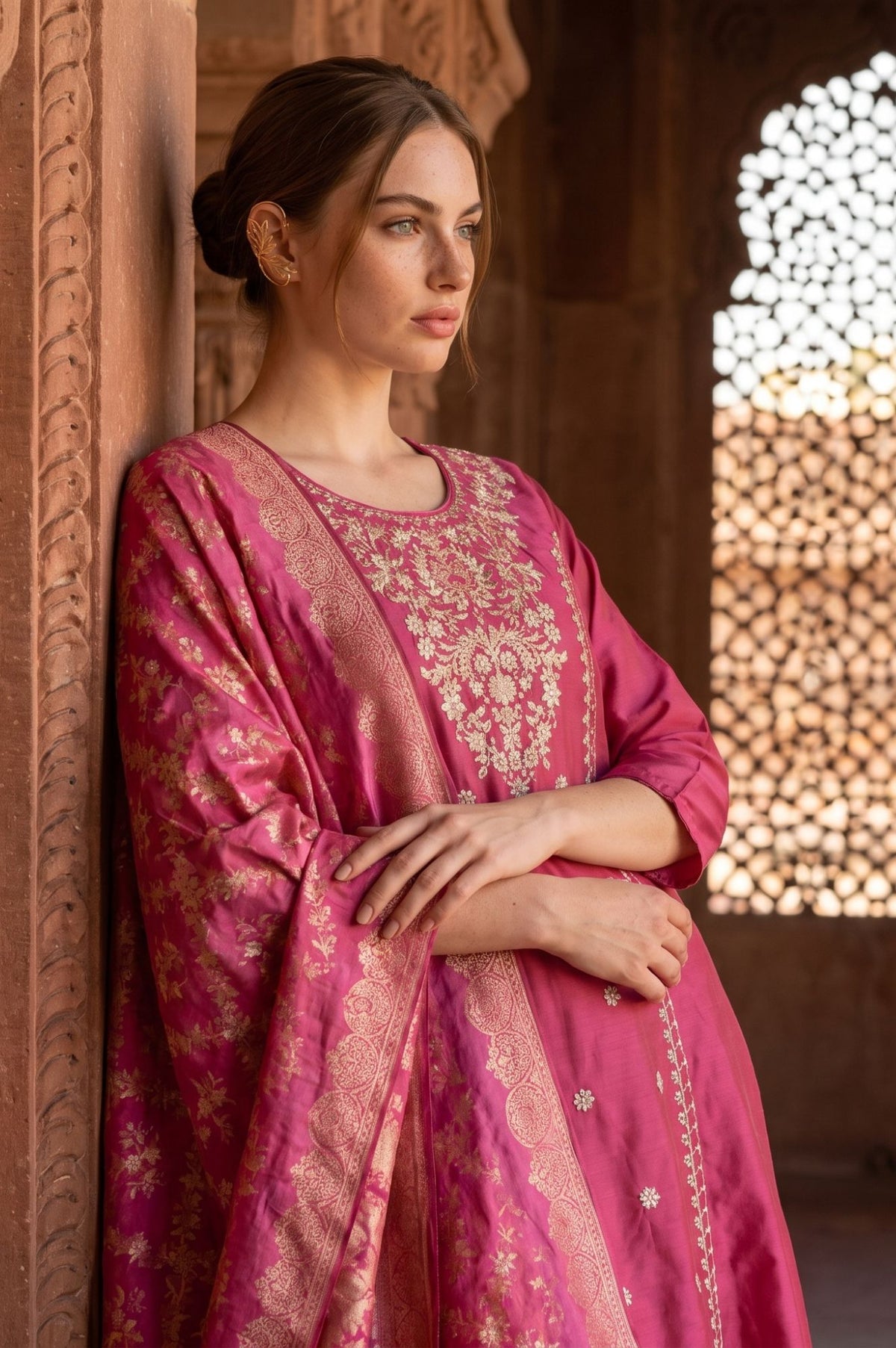 Fuchsia Jacquard Zari Floral Printed Dupatta - FS
