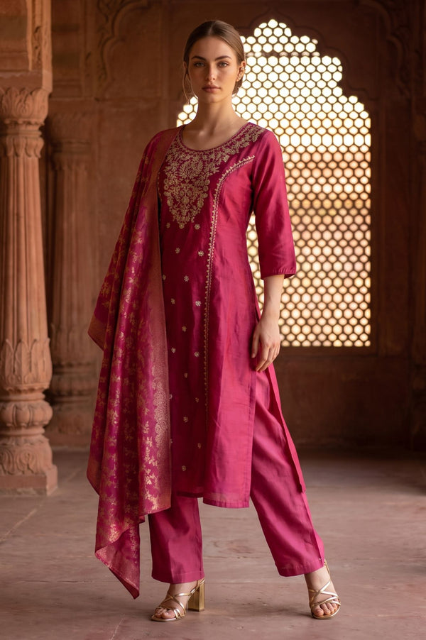 Fuchsia Jacquard Zari Floral Printed Dupatta
