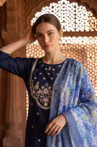 Blue Floral Printed Jacquard Dupatta