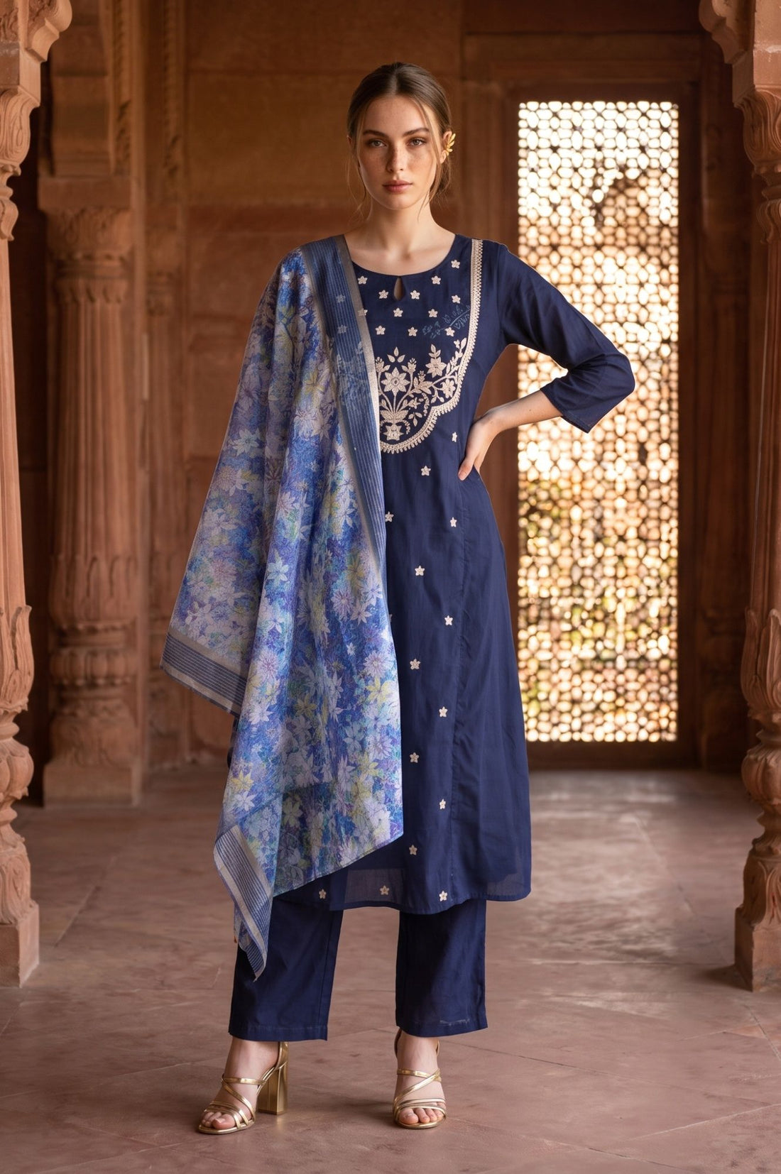 Blue Floral Printed Jacquard Dupatta