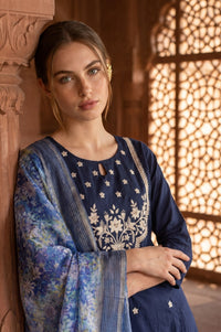 Blue Floral Printed Jacquard Dupatta