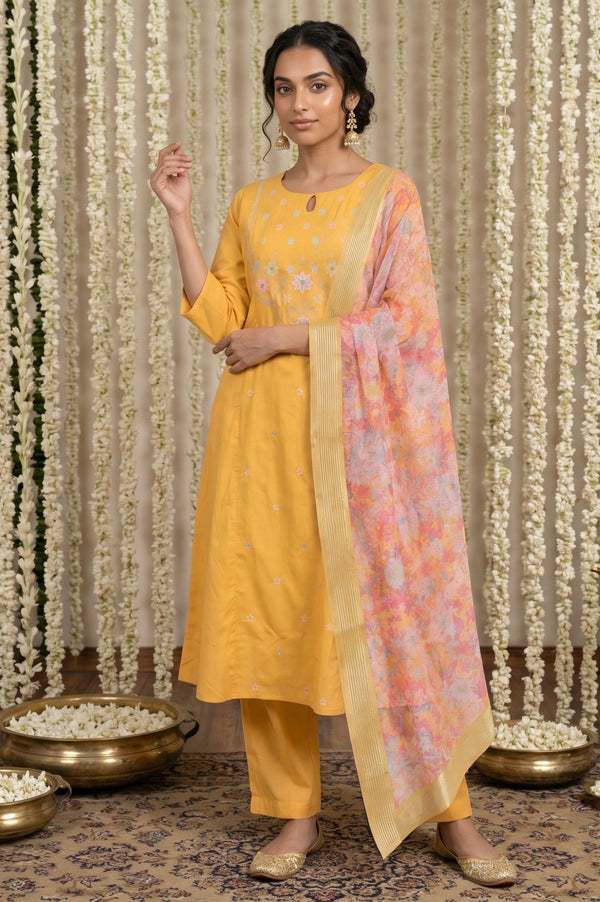 Peach Zari Floral Printed Jacquard Dupatta