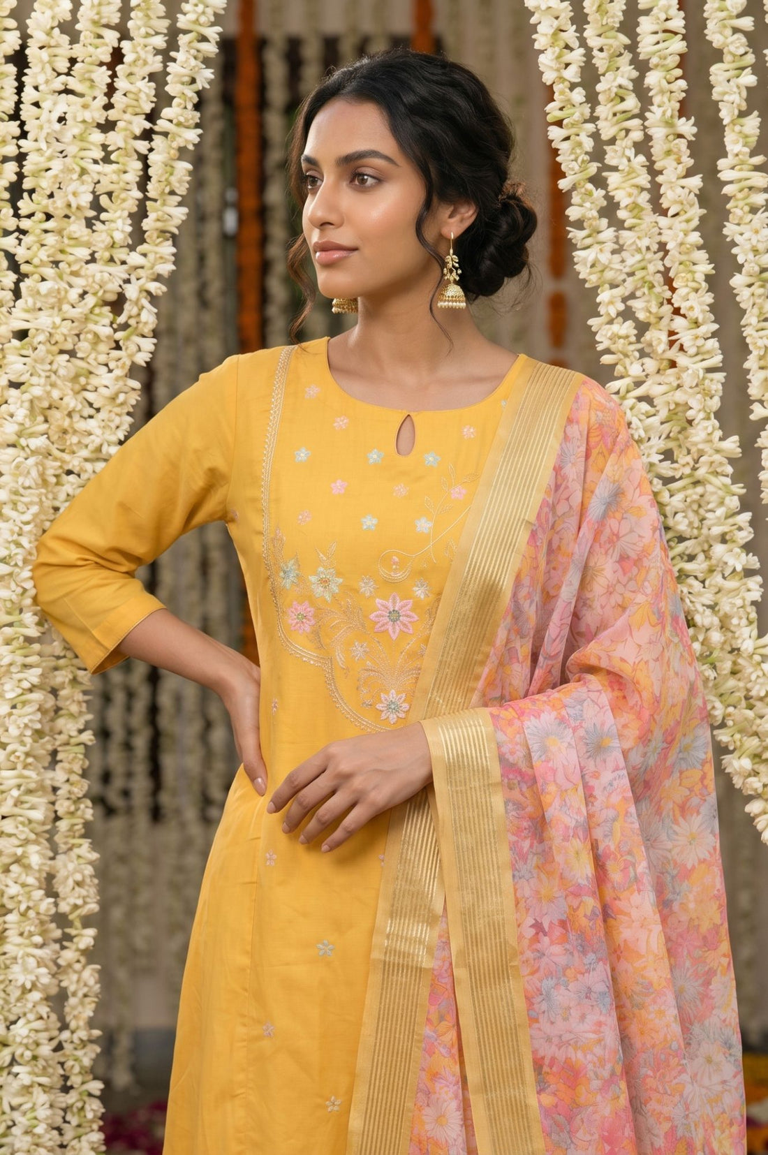 Peach Zari Floral Printed Jacquard Dupatta